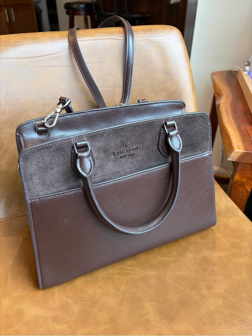 Kate Spade New York Brown Leather & Suede Top Handle Satchel Crossbody Purse